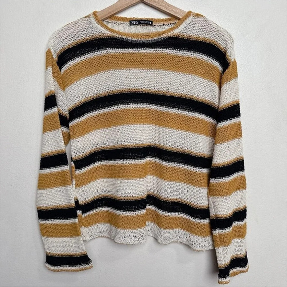 Zara Womens  Small Striped Rustic Mustard Cotton Knit Sweater - Picture 2 of 13